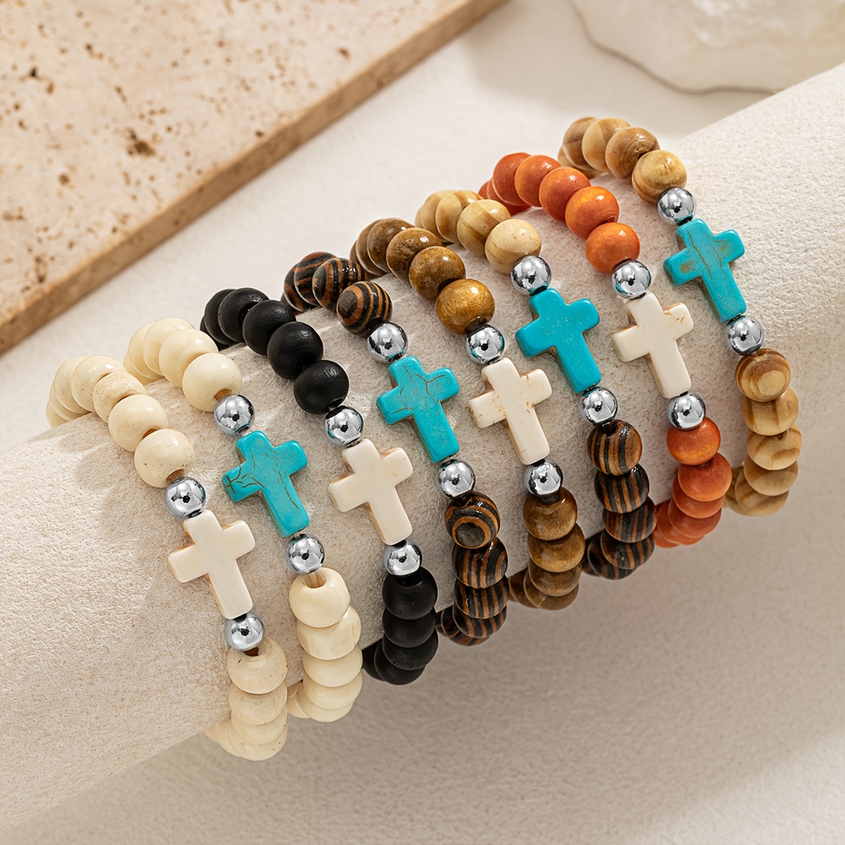 8pc Bohemian Colorful Patterned Wooden Bead Stackable Bracelet Set